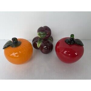 VTG Set MCM Murano Style Art Glass Fruit Vegetables Apple Orange Ceramic Plums